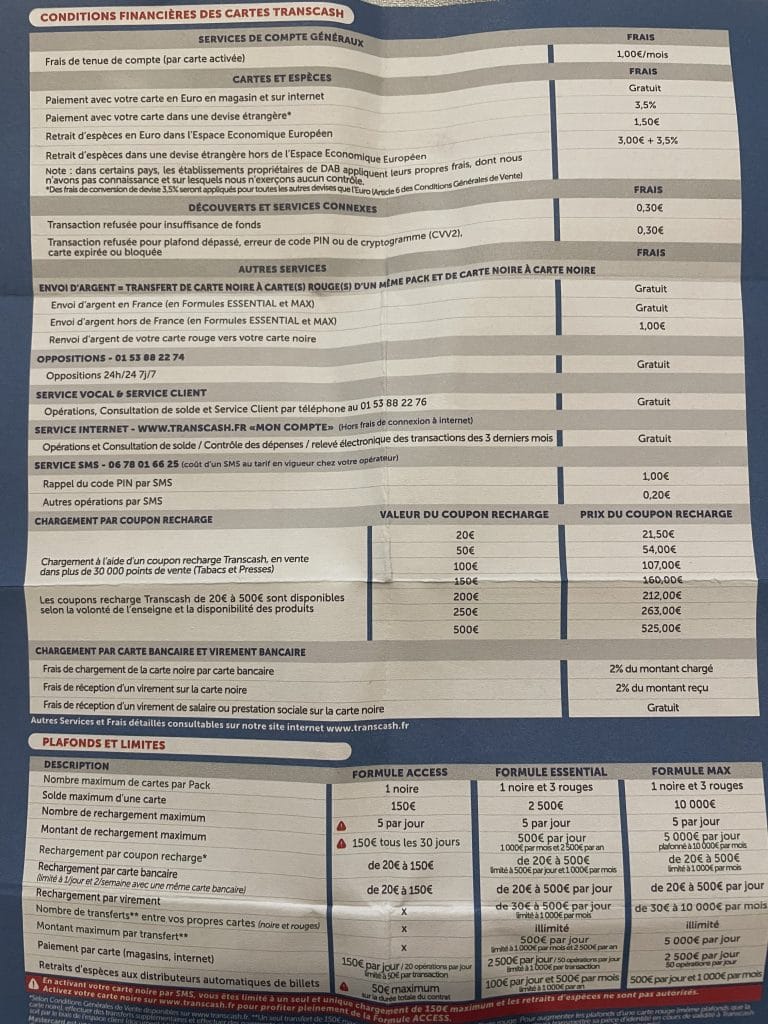 conditions financières des cartes Transcash