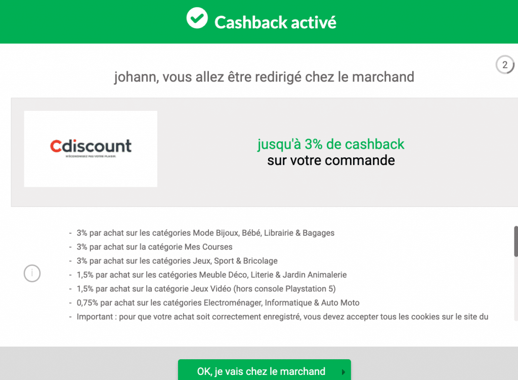 cashback activé